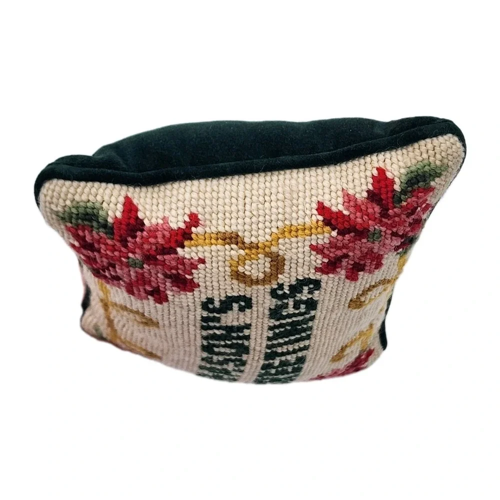 Vintage Seasons Greetings Needlepoint Pillow Christmas Poinsettia Holiday Decor